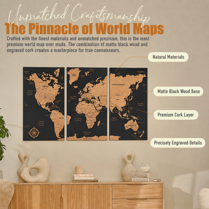 Push Pin World Map with Pins - L Black Cork Triptych Wall Map