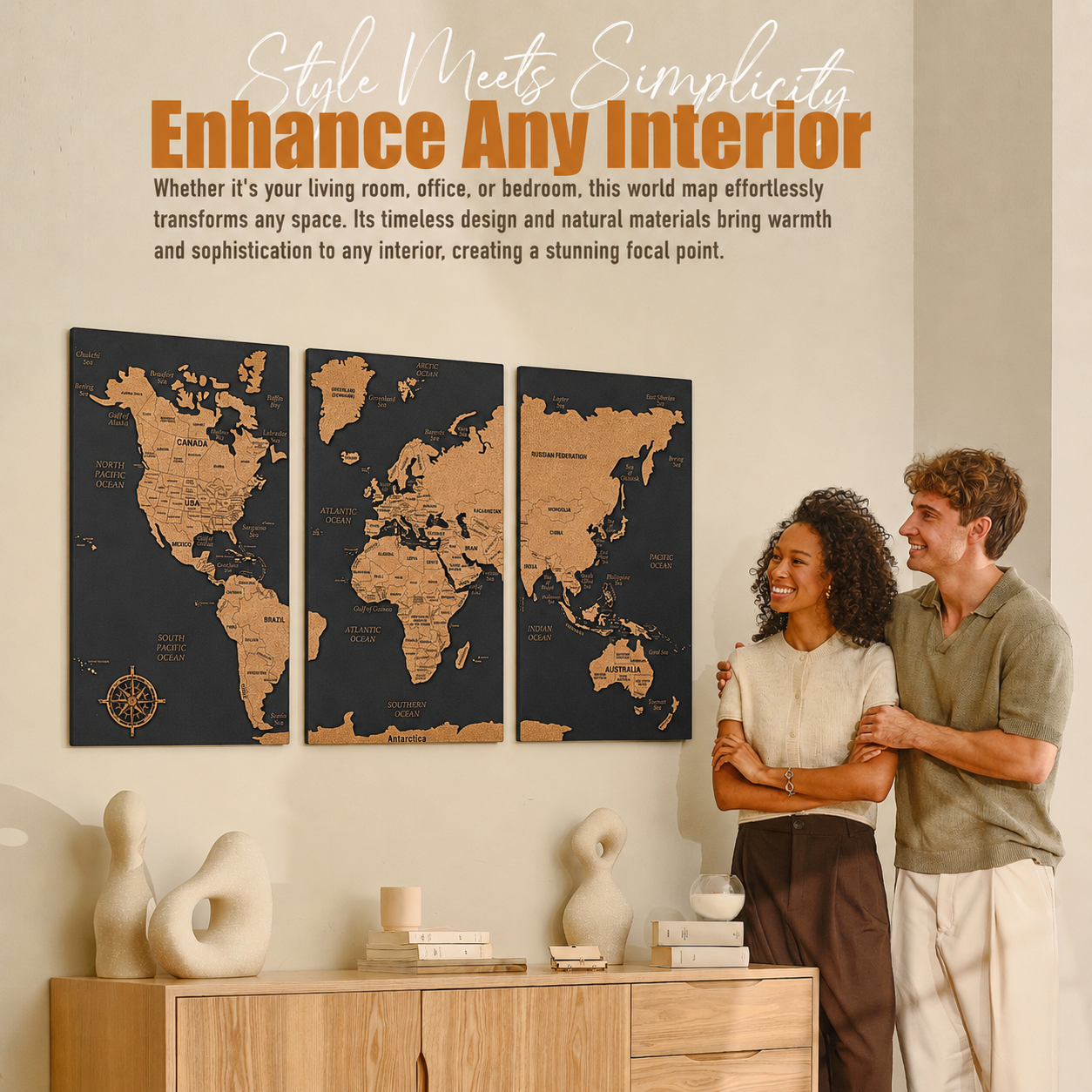 Push Pin World Map with Pins - L Black Cork Triptych Wall Map