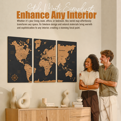 Push Pin World Map with Pins - L Black Cork Triptych Wall Map