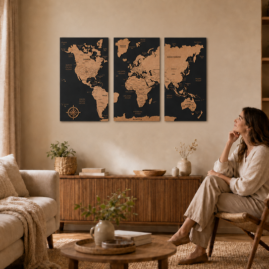 Woman sitting in a cozy living room with world map wall art