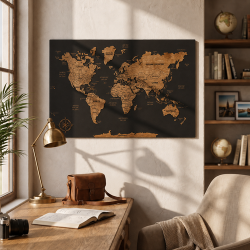 Wooden World Map with Pins - M Black Dark Walnut Wall Map