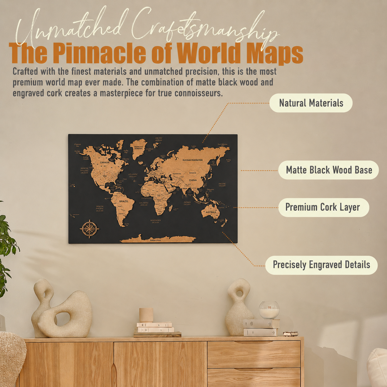 Push Pin World Map with Pins - M Black Cork Wall Map