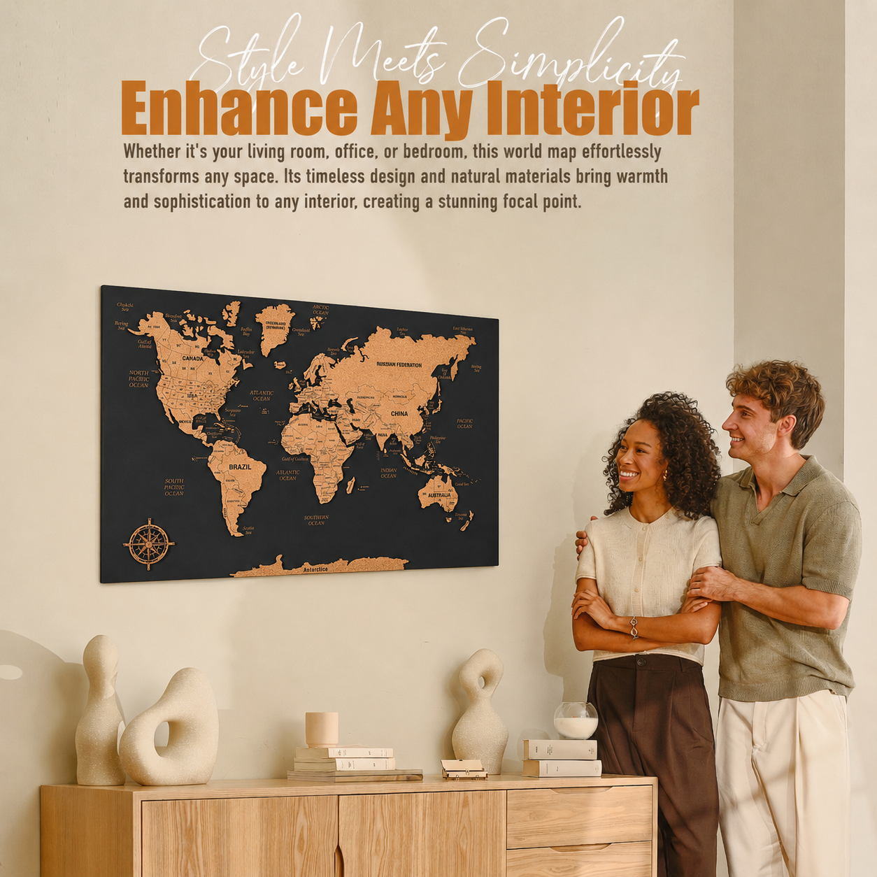 Push Pin World Map with Pins - M Black Cork Wall Map