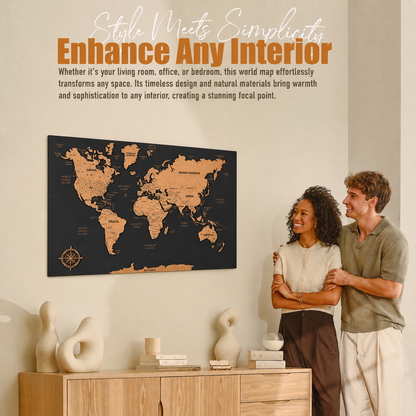 Push Pin World Map with Pins - M Black Cork Wall Map