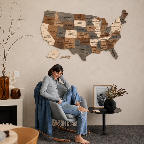 Wooden United States Visited Map - Brown-Grey Multicolor USA Map Wall Art