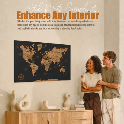 Wooden World Map with Pins - M Black Dark Walnut Wall Map