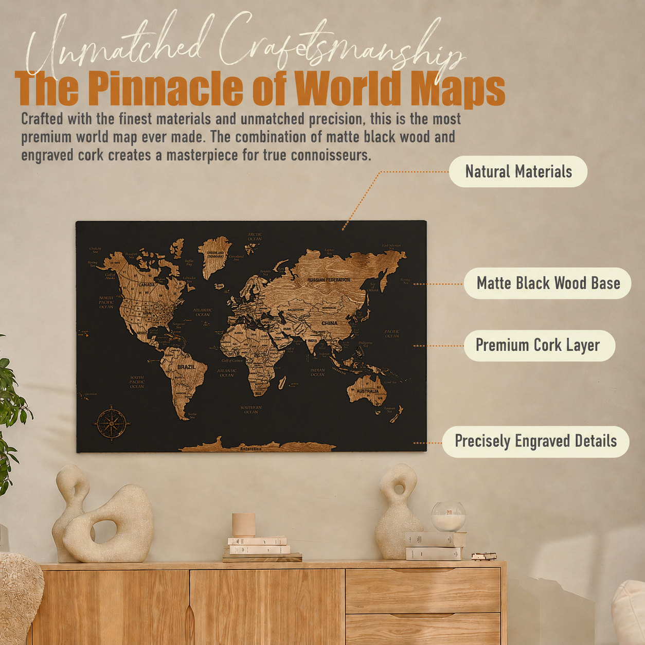 Wooden World Map with Pins - M Black Dark Walnut Wall Map