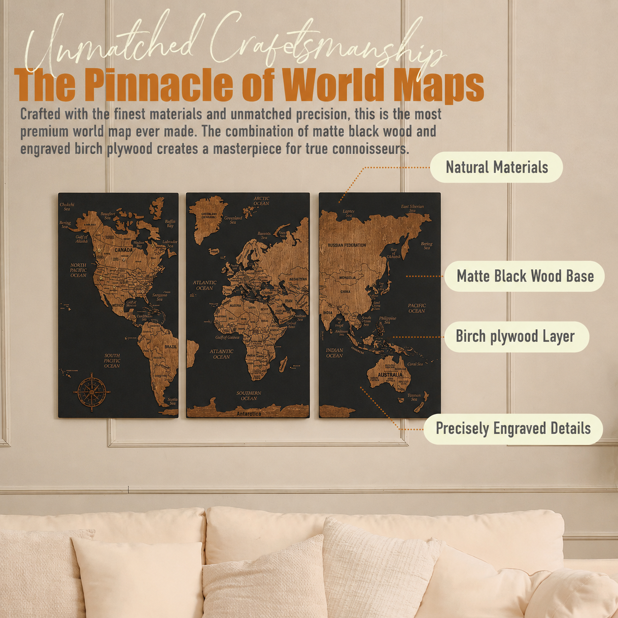 Wooden World Map with Pins - L Black Dark Walnut Triptych Wall Map