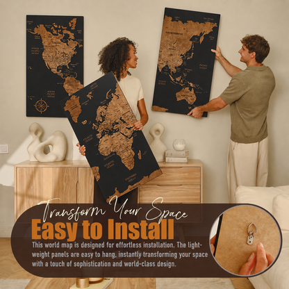 Wooden World Map with Pins - XL Black Dark Walnut Triptych Wall Map
