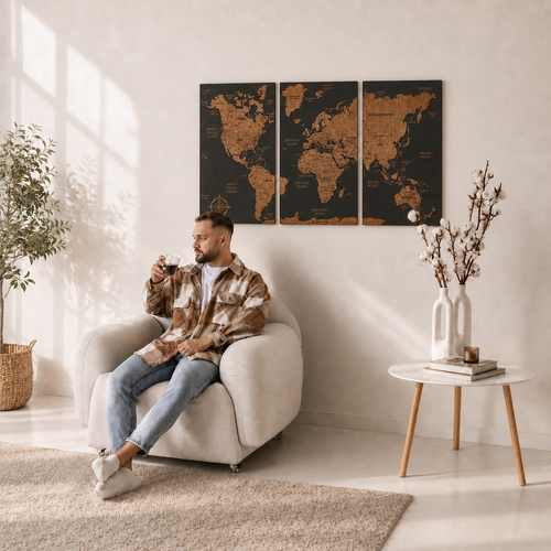 Wooden World Map with Pins - L Black Dark Walnut Triptych Wall Map