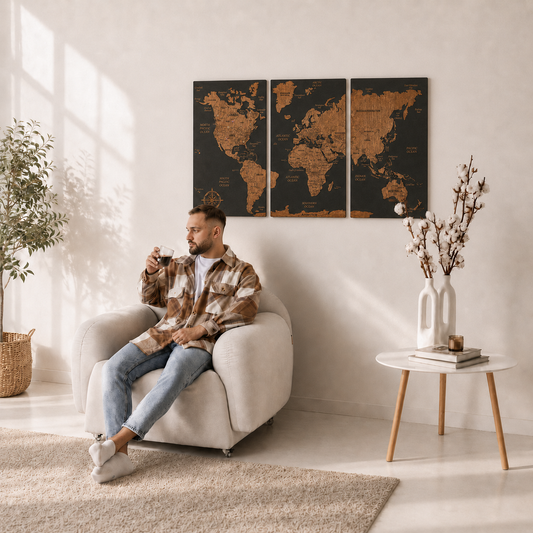 Wooden World Map with Pins - L Black Dark Walnut Triptych Wall Map