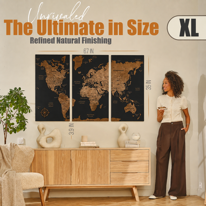 Wooden World Map with Pins - XL Black Dark Walnut Triptych Wall Map
