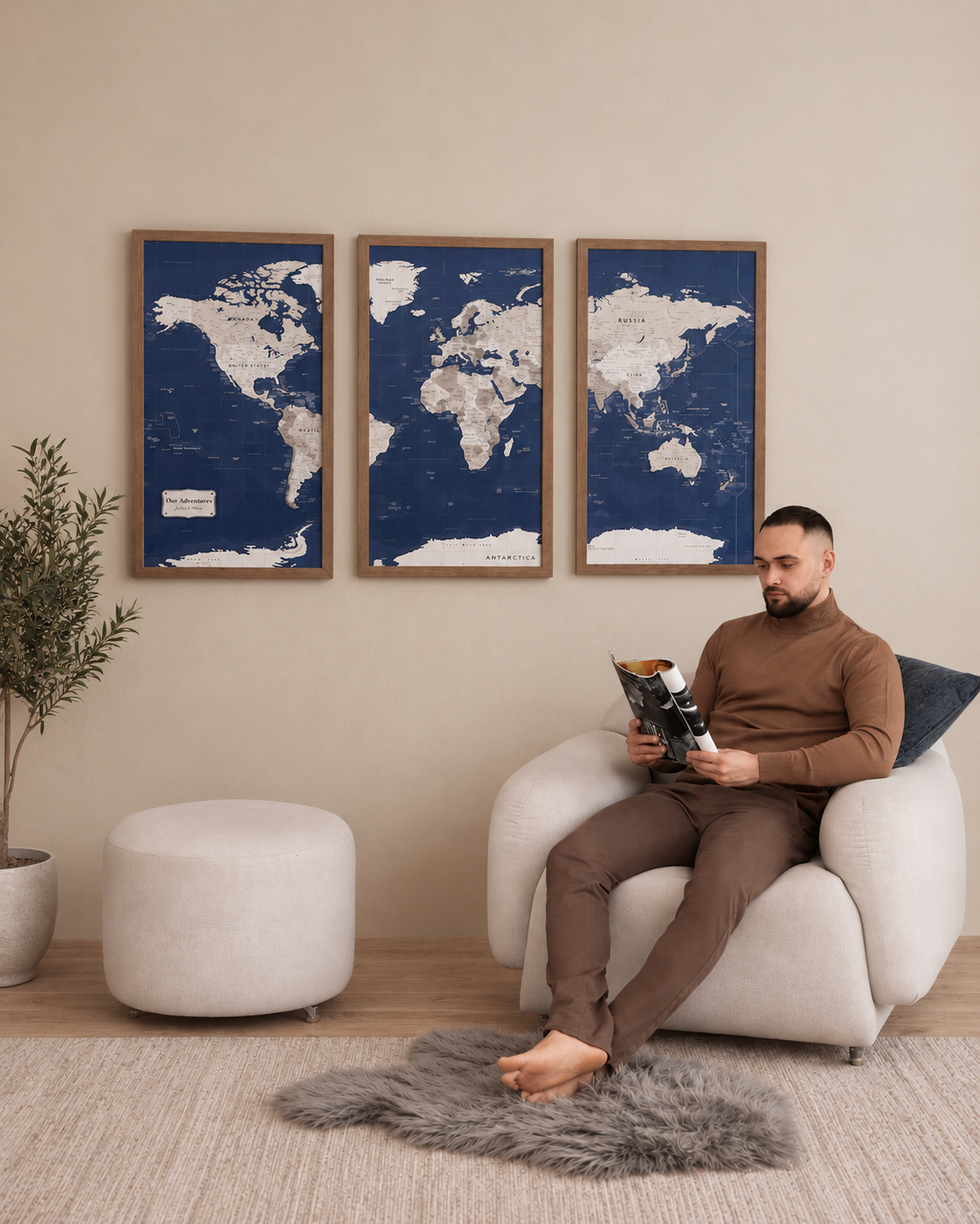 Pinnwand-Weltkarte mit Nadeln – XL-Kork-Triptychon-Wandkarte in Schwarz