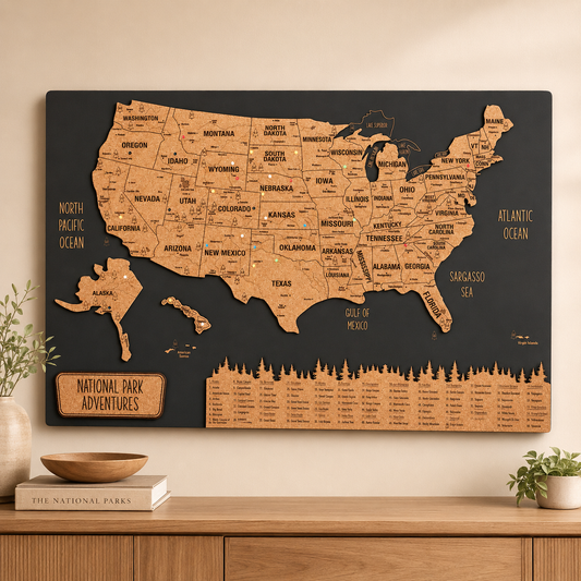 USA National Parks Push Pin Map – Black Cork Wooden Travel Map