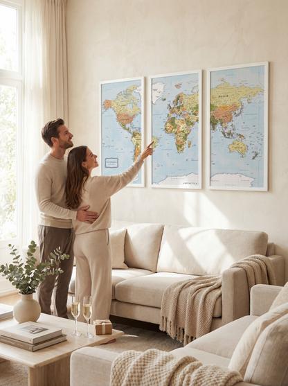 Pinnwand-Weltkarte mit Nadeln – XL-Kork-Triptychon-Wandkarte in Schwarz