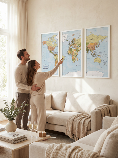 Pinnwand-Weltkarte mit Nadeln – XL-Kork-Triptychon-Wandkarte in Schwarz