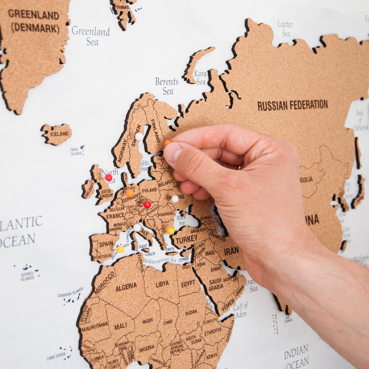 3D World Map Push Pin - M White-Grey Cork Wall Map
