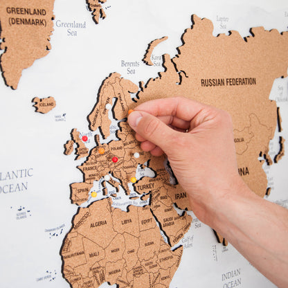 3D World Map Push Pin - M White-Grey Cork Wall Map