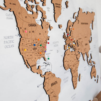 3D World Map Push Pin - M White-Grey Cork Wall Map