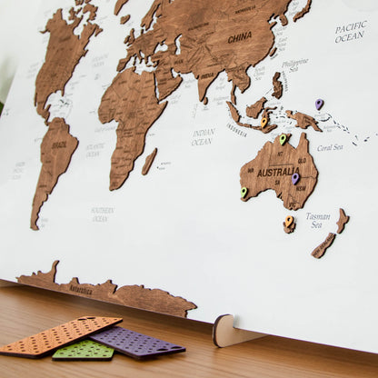 Wooden World Map with Pins - M White-Grey with Dark Walnut Wall Map