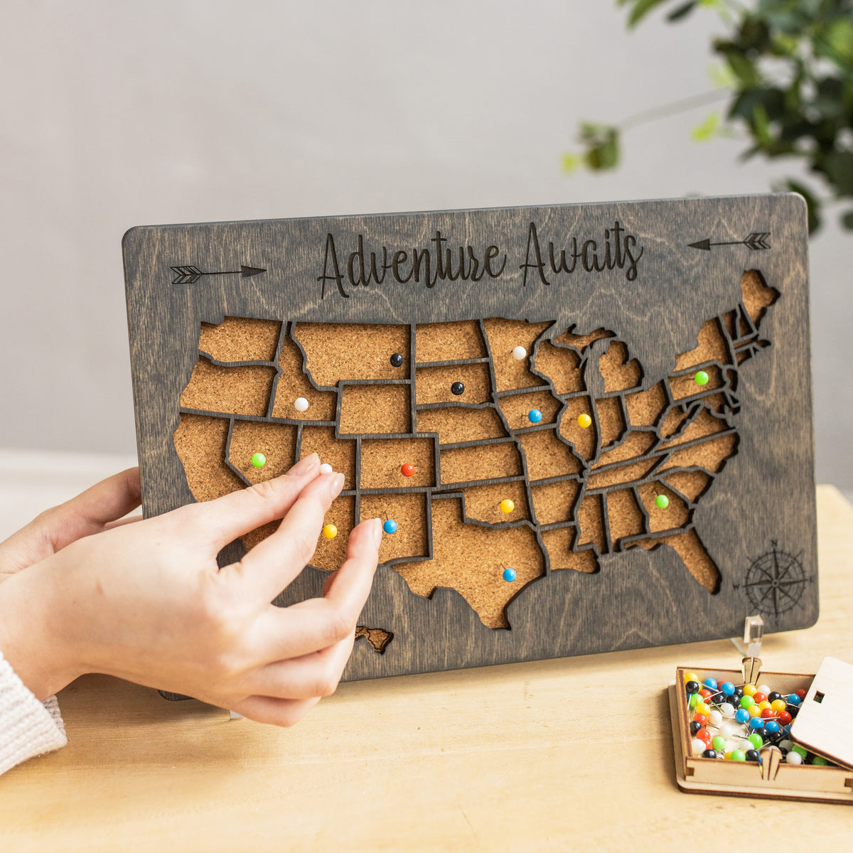 Push Pin Travel Map of the USA - Grey States Visited Decor