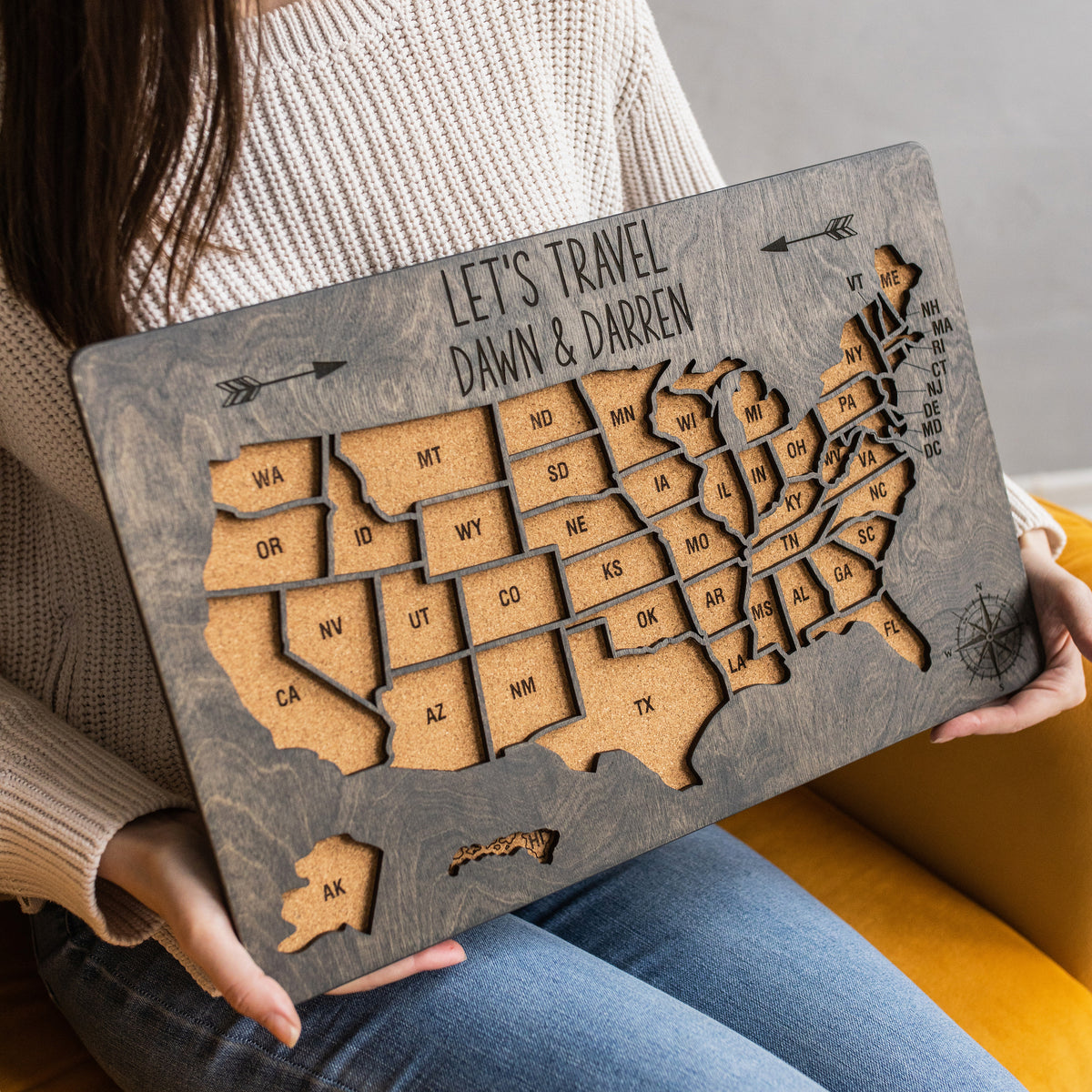 Push Pin Travel Map of the USA - Grey States Visited Decor