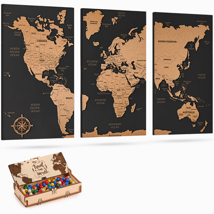 Push Pin World Map with Pins - L Black Cork Triptych Wall Map