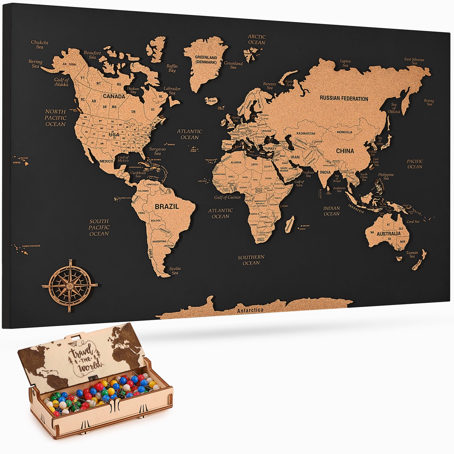 Push Pin World Map with Pins - M Black Cork Wall Map