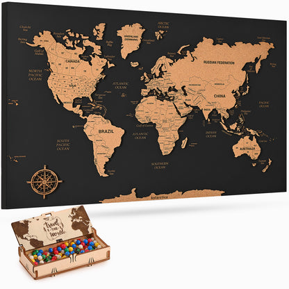 Push Pin World Map with Pins - M Black Cork Wall Map