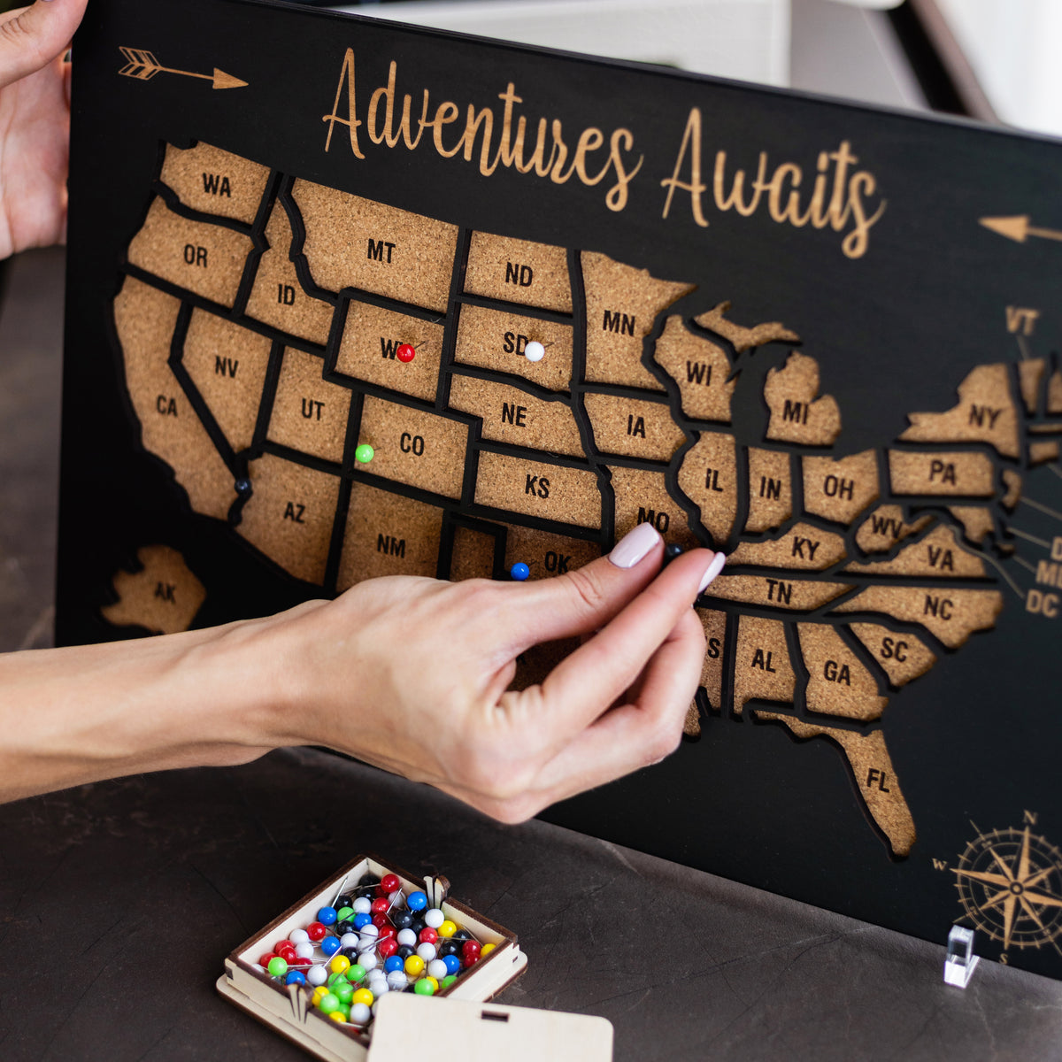 Push Pin US States Visited Map - Black Small Travel Map - Photo 8