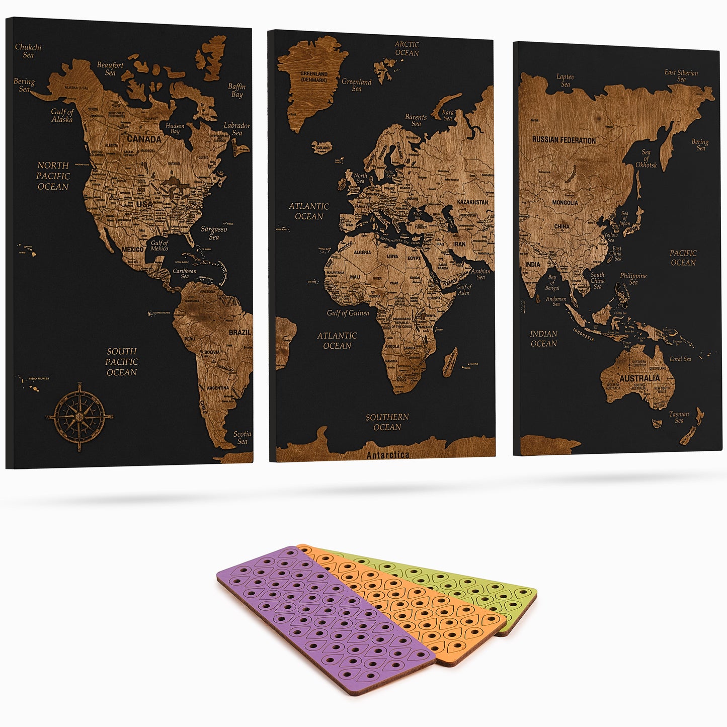 Wooden World Map with Pins - XL Black Dark Walnut Triptych Wall Map
