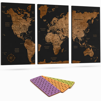 Wooden World Map with Pins - XL Black Dark Walnut Triptych Wall Map