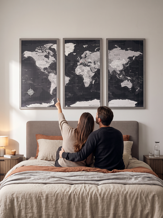 Framed 3 Piece World Map Wall Art - XL Black Travel Map with Pins - photo 3