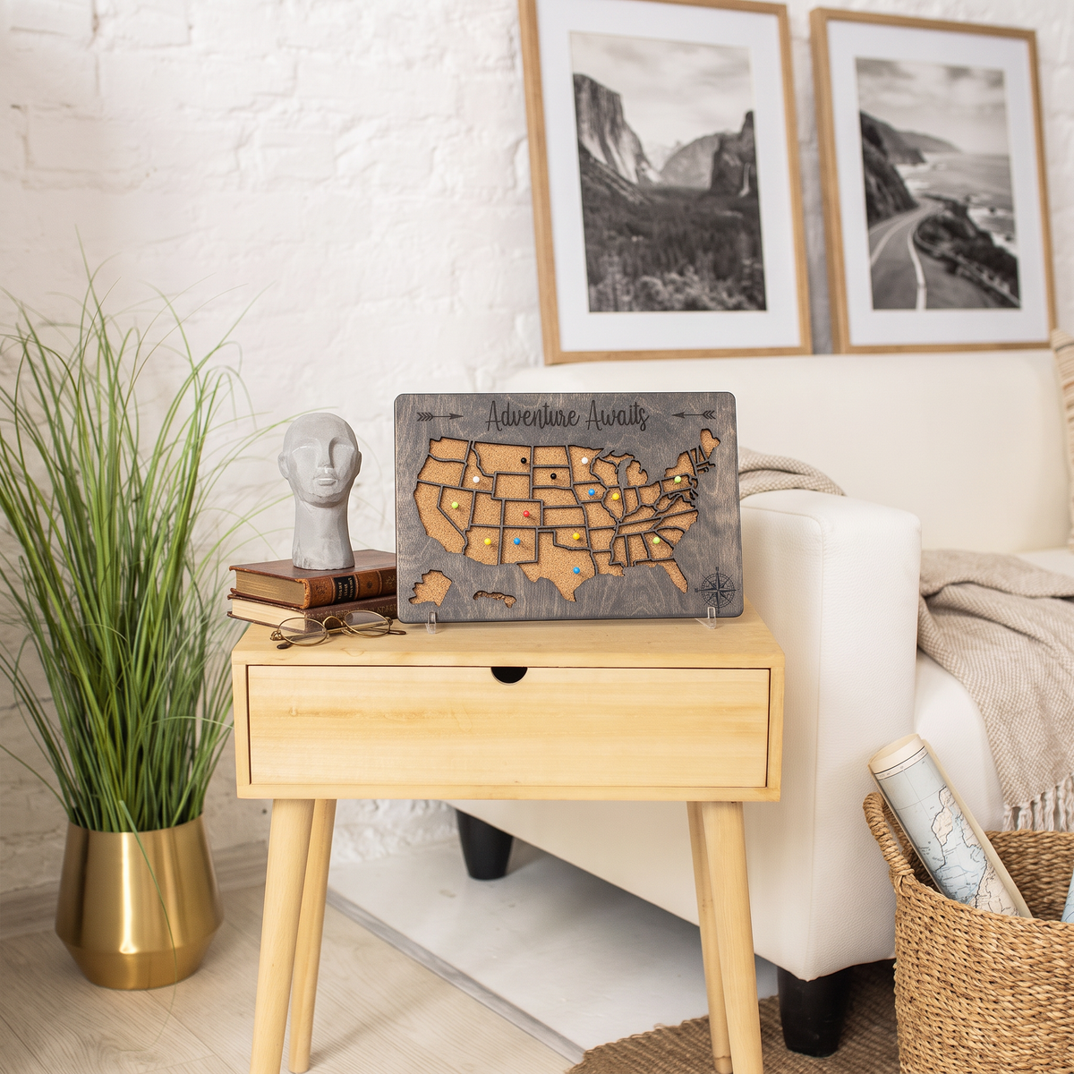 Push Pin Travel Map of the USA - Grey States Visited Decor