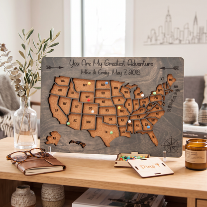 Push Pin Travel Map of the USA - Grey States Visited Decor