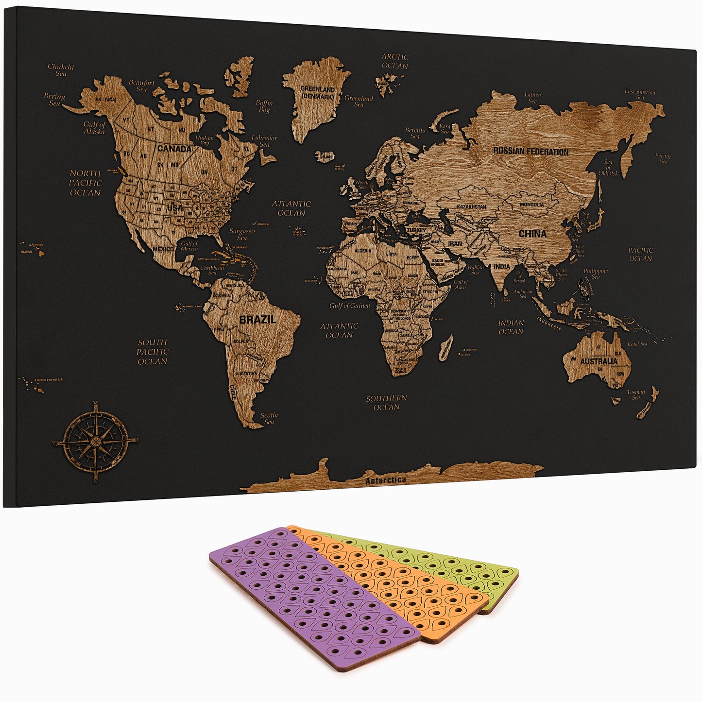 Wooden World Map with Pins - M Black Dark Walnut Wall Map