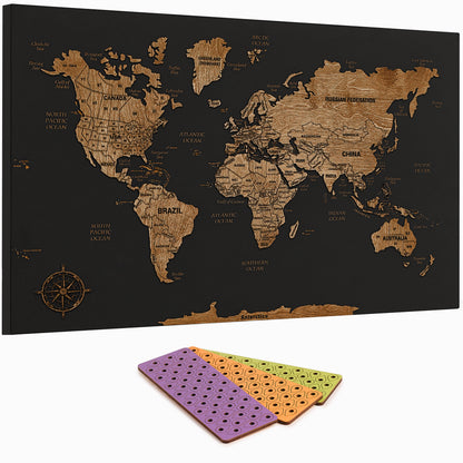 Wooden World Map with Pins - M Black Dark Walnut Wall Map