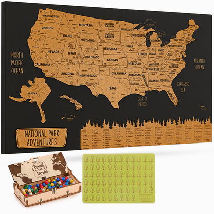 USA National Parks Push Pin Map – Black Cork Wooden Travel Map