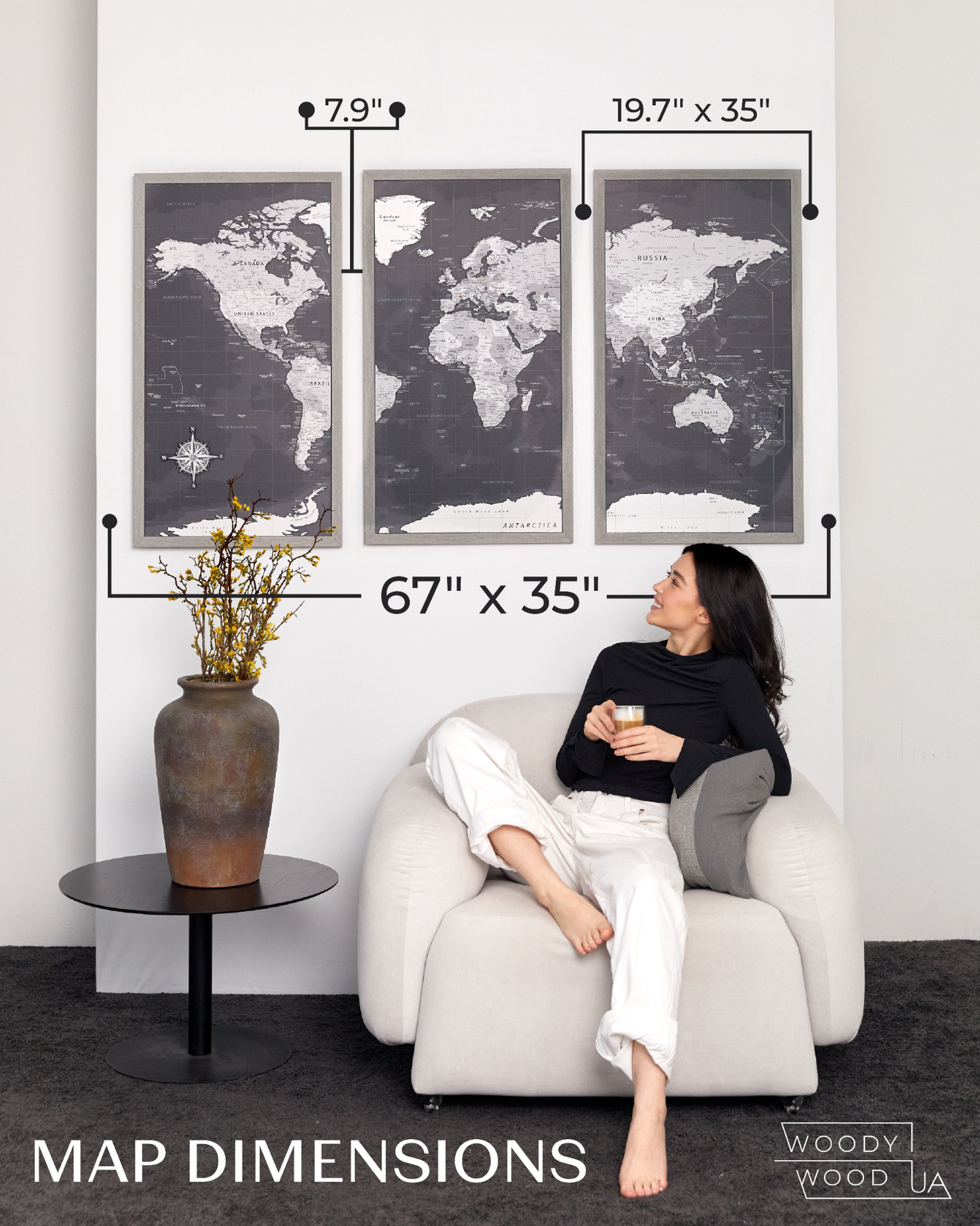 Pinnwand-Weltkarte mit Nadeln – XL-Kork-Triptychon-Wandkarte in Schwarz