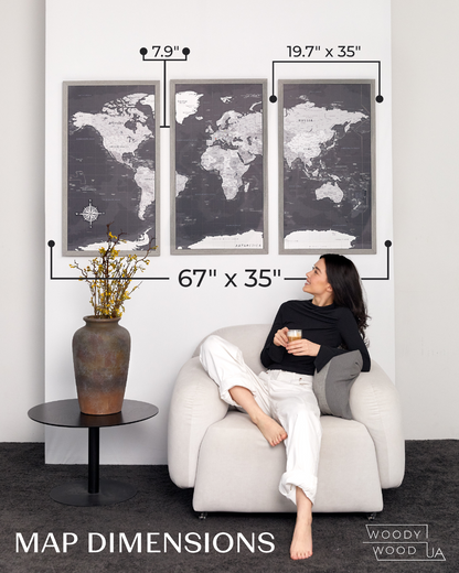 Pinnwand-Weltkarte mit Nadeln – XL-Kork-Triptychon-Wandkarte in Schwarz